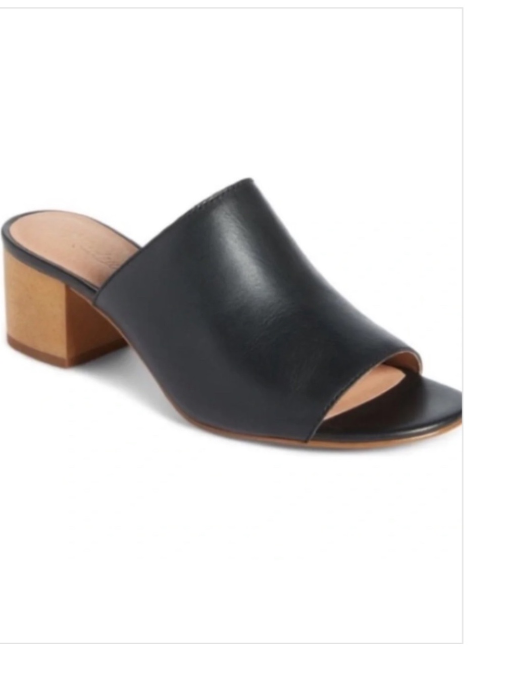 Madewell "The Devon" Black Leather Open-Toe Slide Mules with Wood Block Heel